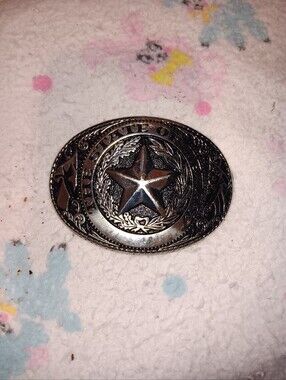 STATE of TEXAS Western Star Oval Silver Belt Buckle